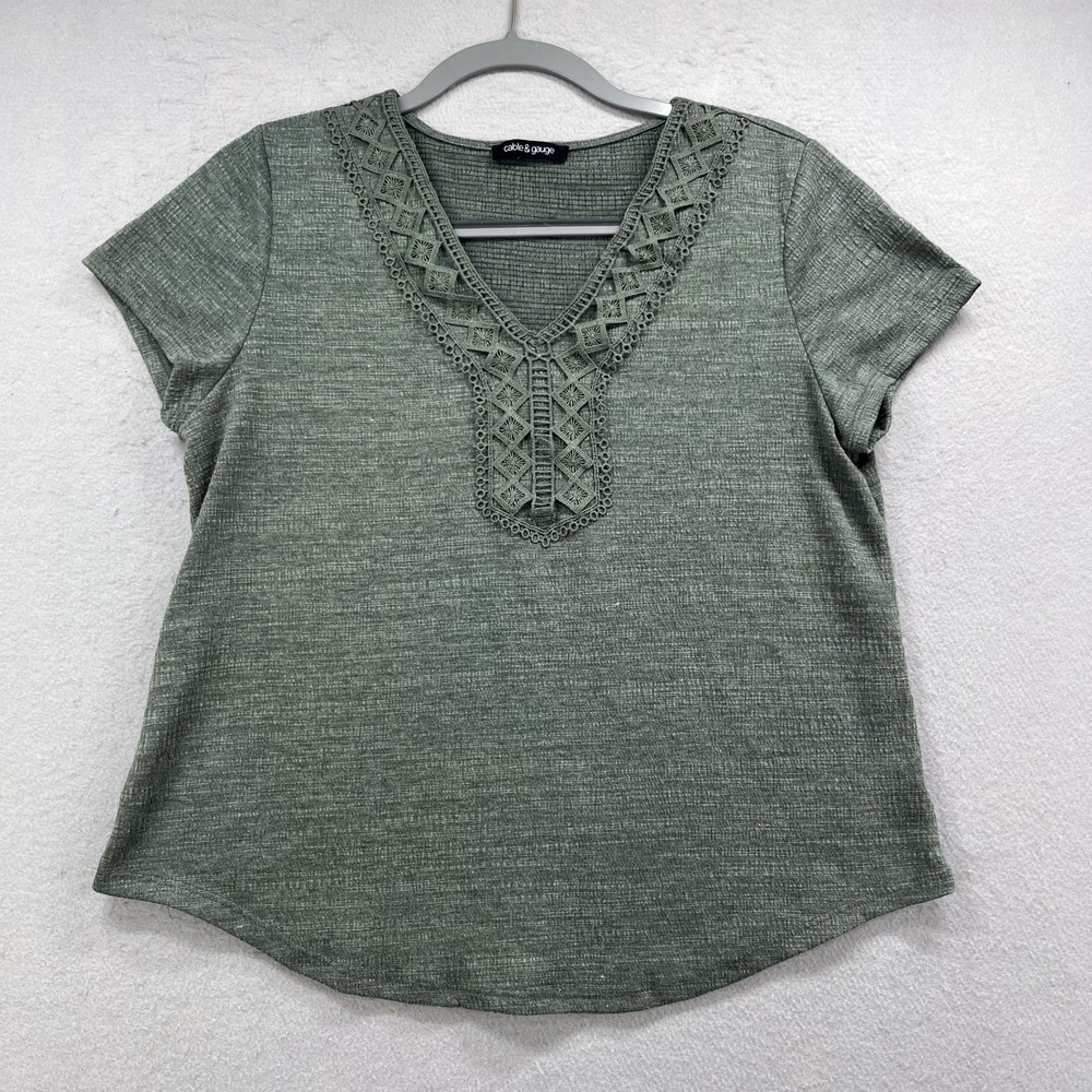 Cable Gauge Top Womens Large Sage Green Crochet Lace V Neck Short Sleeve Blouse